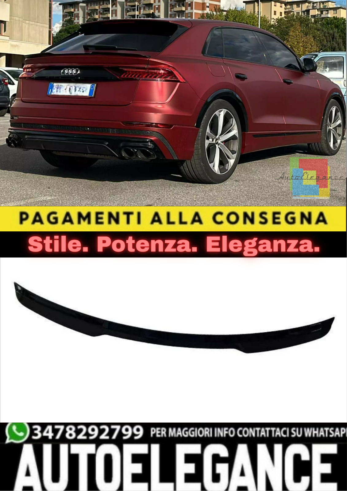 ✨SPOILER POSTERIORE TETTO NERO LUCIDO ADATTO PER AUDI Q8 SQ8 SUV 2018+✨