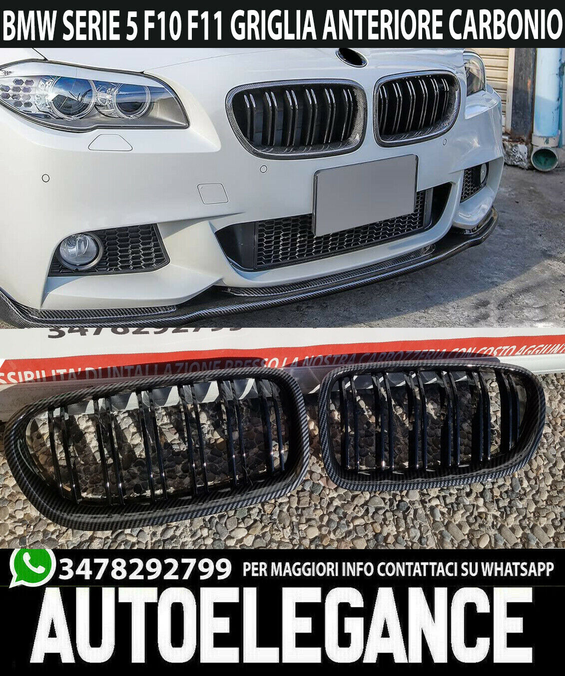 MASCHERINE DOPPIA STRISCIA BMW SERIE 5 F10 F11 2010+ GRIGLIE ANTERIORI CARBONIO