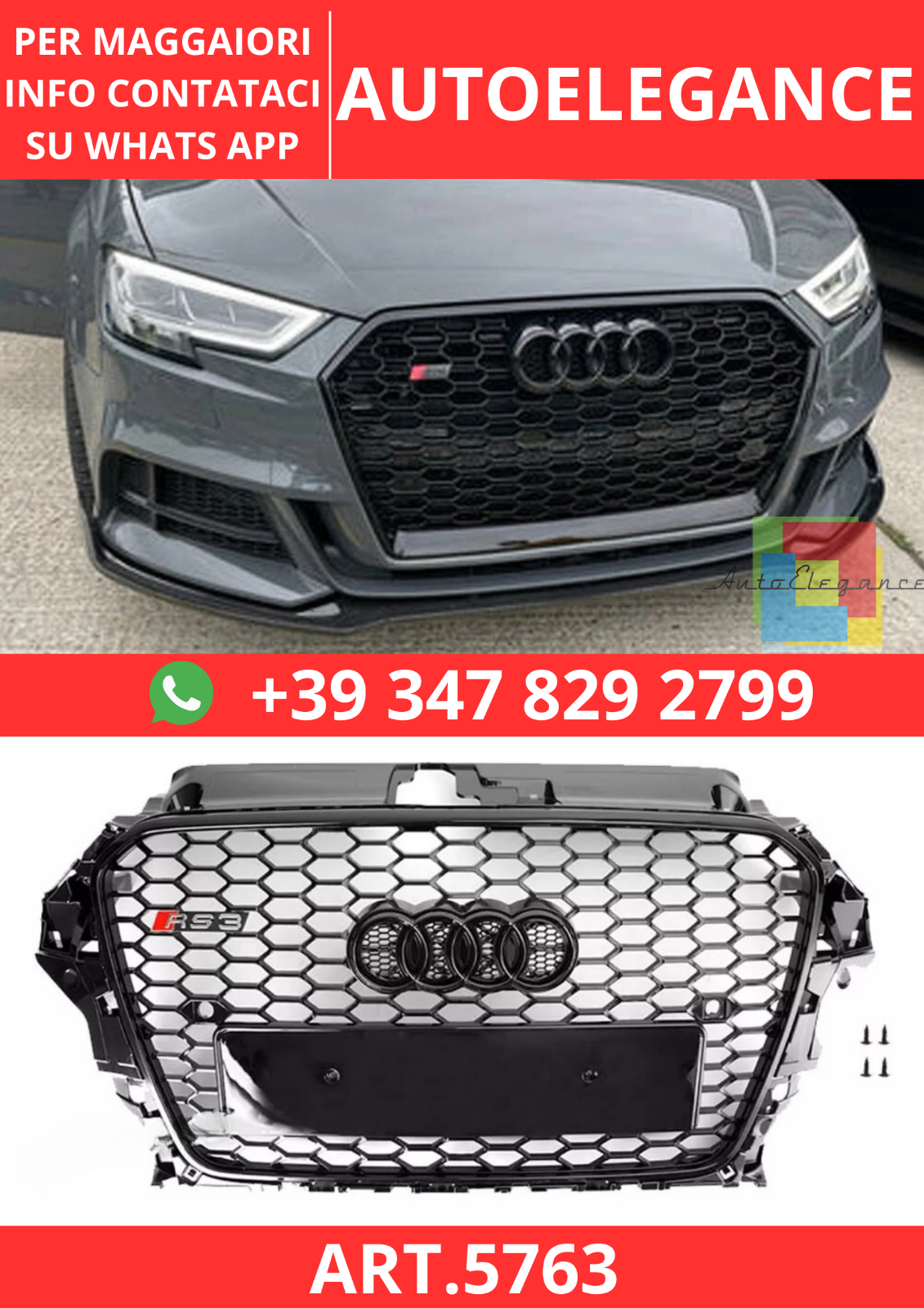 ART.5763 RS-FRONTGRILL MIT WABENMUSTER FÜR AUDI A3/S3 8V 2013–2016