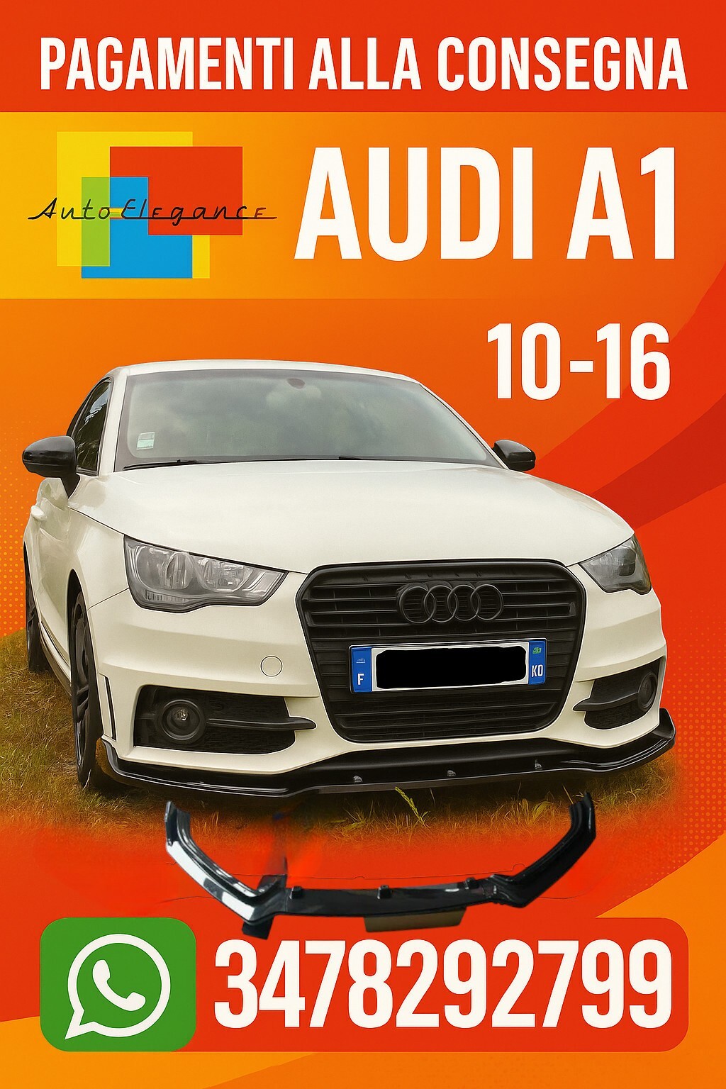 AUDI A1 10-16 LAMA SOTTO PARAURTI ANTERIORE ABS LOOK SPORTIVO NERO SPLITTER