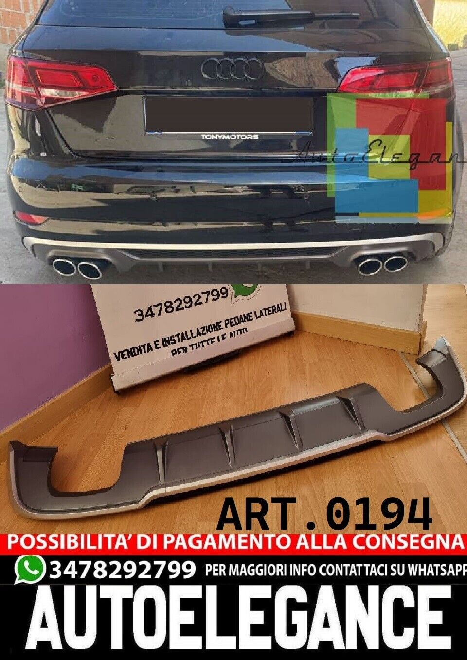 UNTER STO&szlig;STANGE F&Uuml;R AUDI A3 8V SPORTBACK 2016-2019 RESTYLING S3 DIFFUSOR