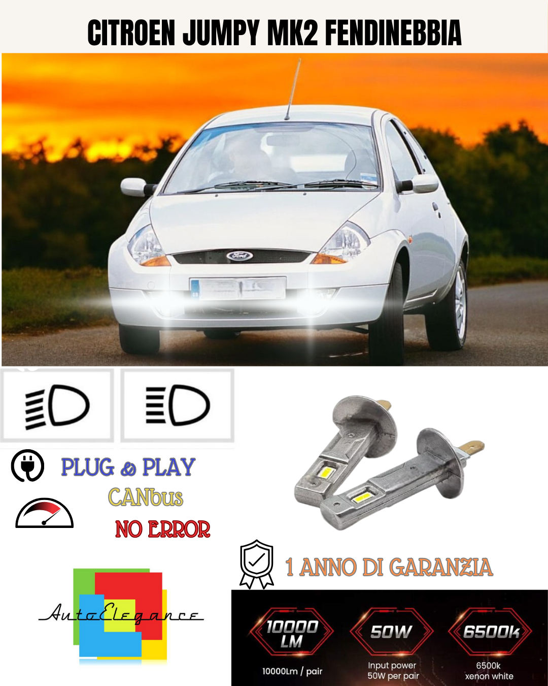 KIT LED H1 FORD KA MK1 FENDINEBBIA 6000K BIANCO 6000 LUMEN