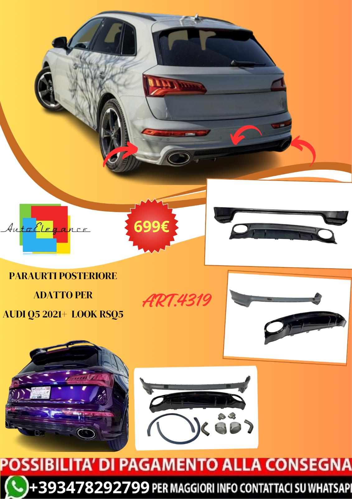 💫ART.4319 TCA0312 Paraurti Posteriore adatto per Audi Q5 2021+ Look RSQ5💫