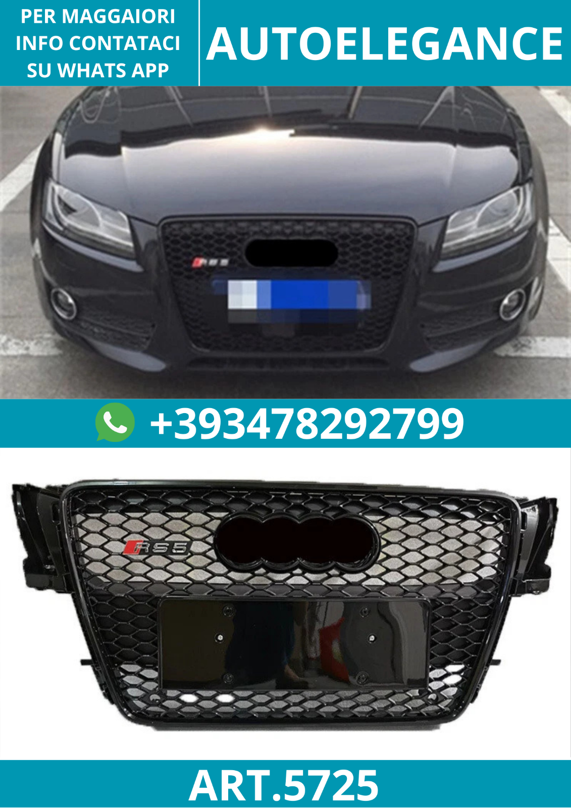 ART.5725 RS5-FRONTGRILL IM WABENMUSTER SCHWARZ FÜR AUDI A5 / S5 2008–2011