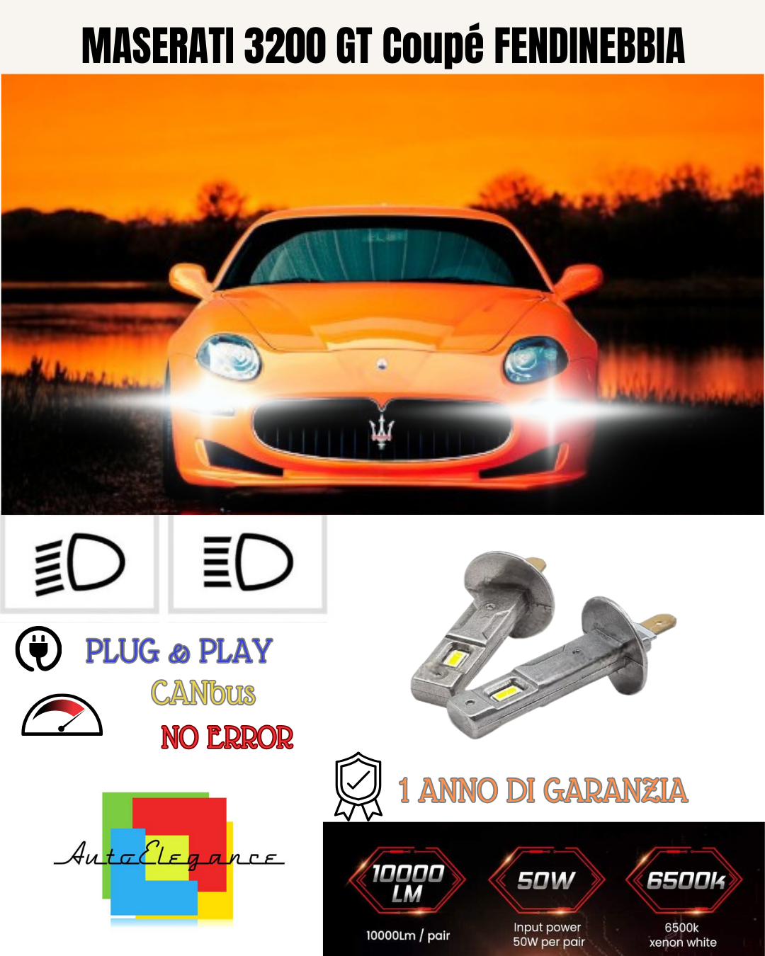 KIT LED H1 MASERATI GT 3200 GT Coupé FENDINEBBIA 6000K BIANCO 6000 LUMEN