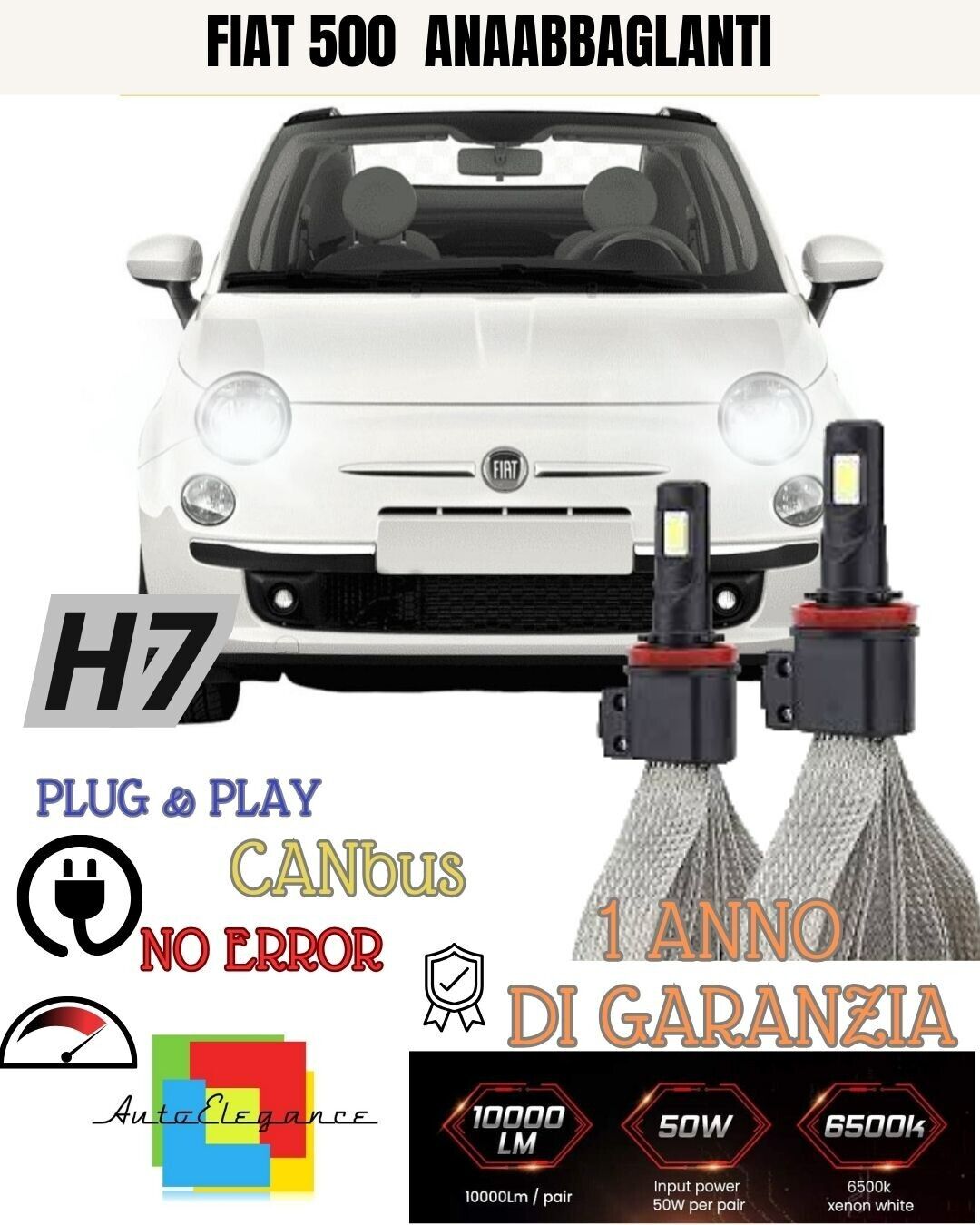 KIT LAMPADE H7 LED ANABBAGLIANTE FIAT 500 CINQUECENTO 6000K NO ERROR BIANCO