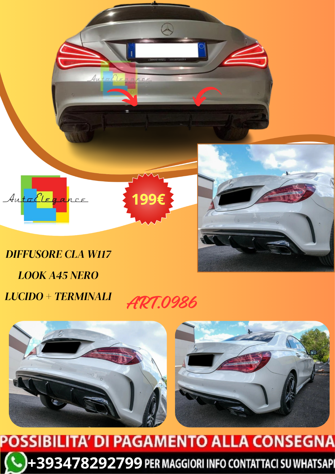 ART. 0986 DIFFUSORE CLA W117 LOOK A45 NERO LUCIDO + TERMINALI