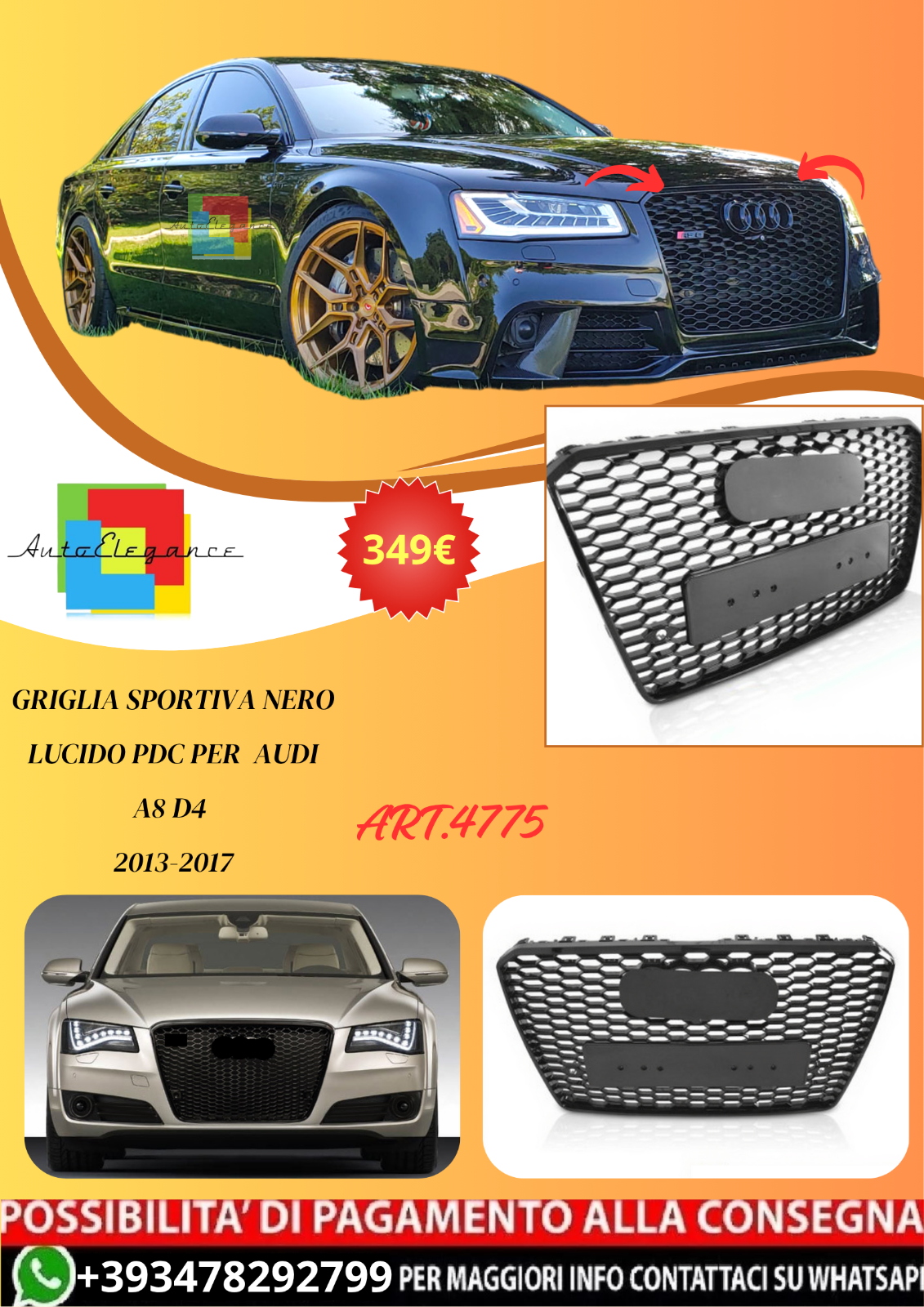 ART.4775 Griglia Sportiva Nero Lucido PDC per  AUDI A8 D4 2013-2017