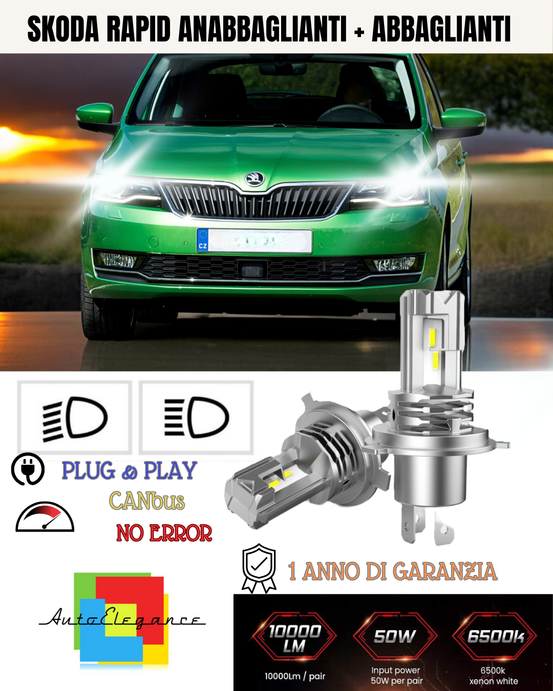 KIT LED H7 PER SKODA RAPID 6000K BIANCO 6000 LUMEN CANBUS ANABBAGLIANTI
