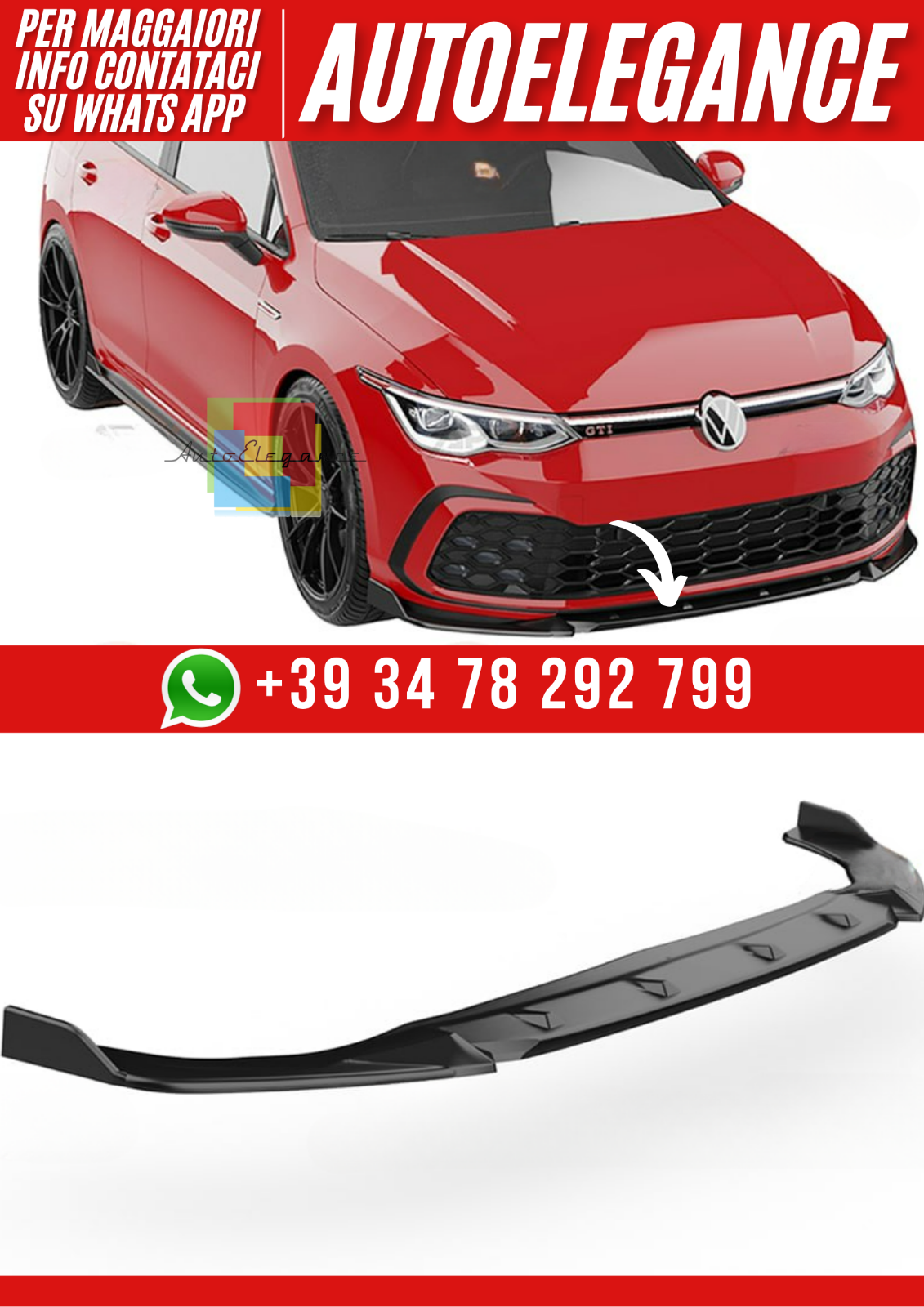 Splitter  VW Golf Mk8 2019+ - Bumper Splitter/Front,  nero lucido