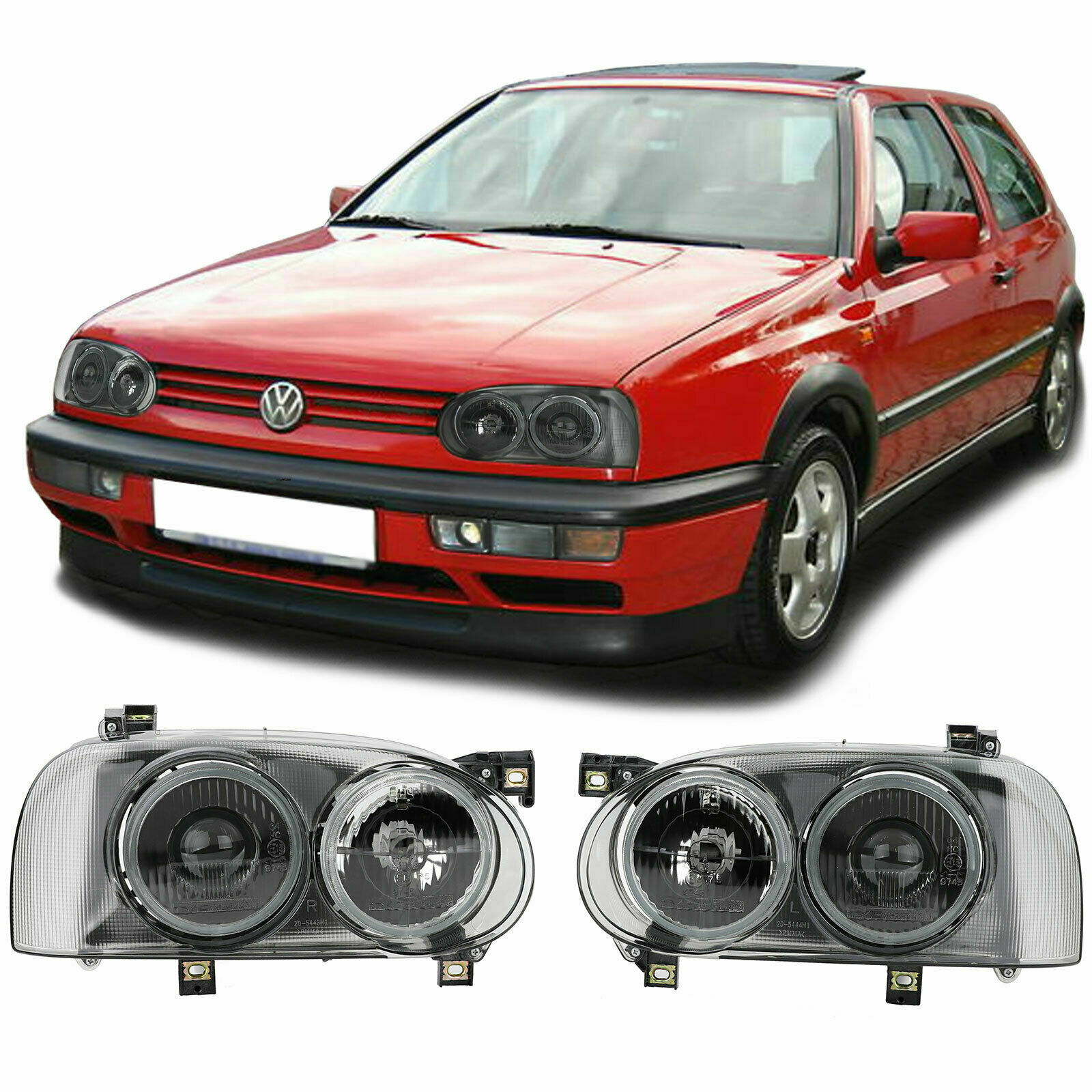 Paar Scheinwerfer Vorne VW Golf 3 Angel Eyes Glas 91-97