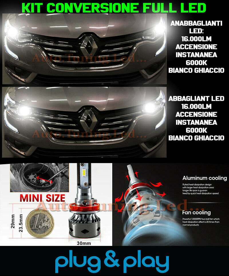LAMPADE ANABBAGLIANTI + ABBAGLIANTI LED 16.000LM PER RENAULT KOLEOS II