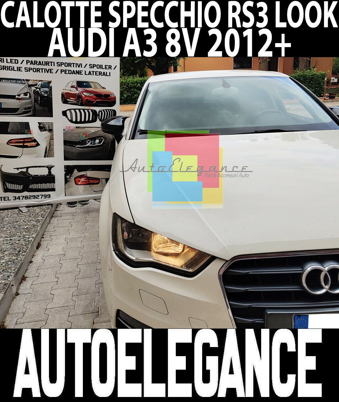 CALOTTE ADESIVE SPECCHI AUDI A3 8V 2012+ SPECCHIETTI RETROVISORI NERO LUCIDO RS3