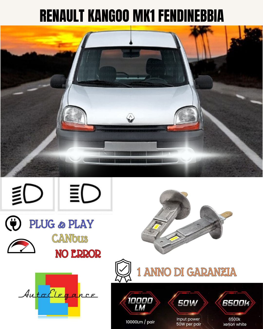 KIT LED H1 RENAULT KANGOO MK1 FENDINEBBIA 6000K BIANCO 6000 LUMEN