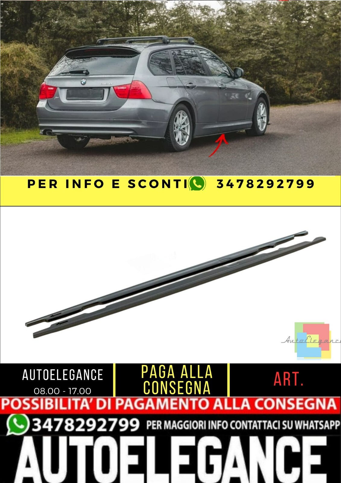 ?Minigonne Laterali design nero lucido ABS per BMW Serie 3 E91 FL 2008-2011?