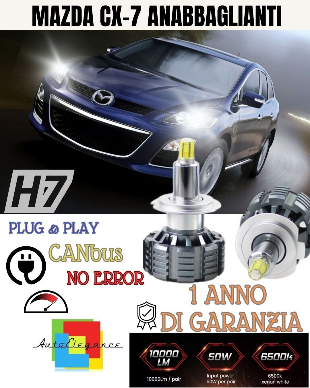KIT ANABBAGLIANTI LED MAZDA CX-7 CX 7 LED H7 6000K 9600 LUMEN BIANCO