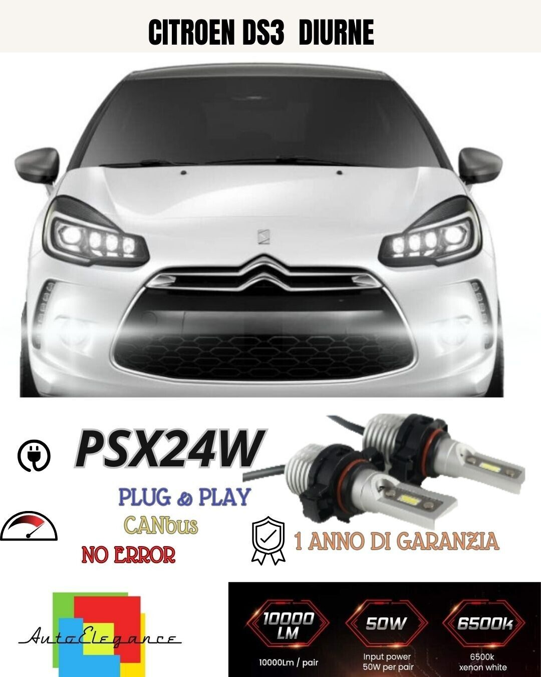 ????COPPIA LAMPADE FENDINEBBIA A LED PSX24W????CITROEN DS3 CANBUS NO ERROR 6000K