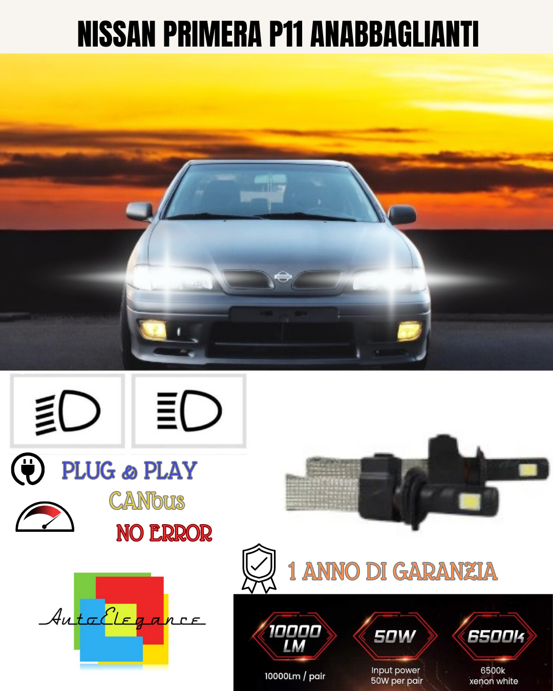 KIT LAMPADE LED H7 ANABBAGLIANTE NISSAN PRIMERA P11 6000K 6400 LUMEN