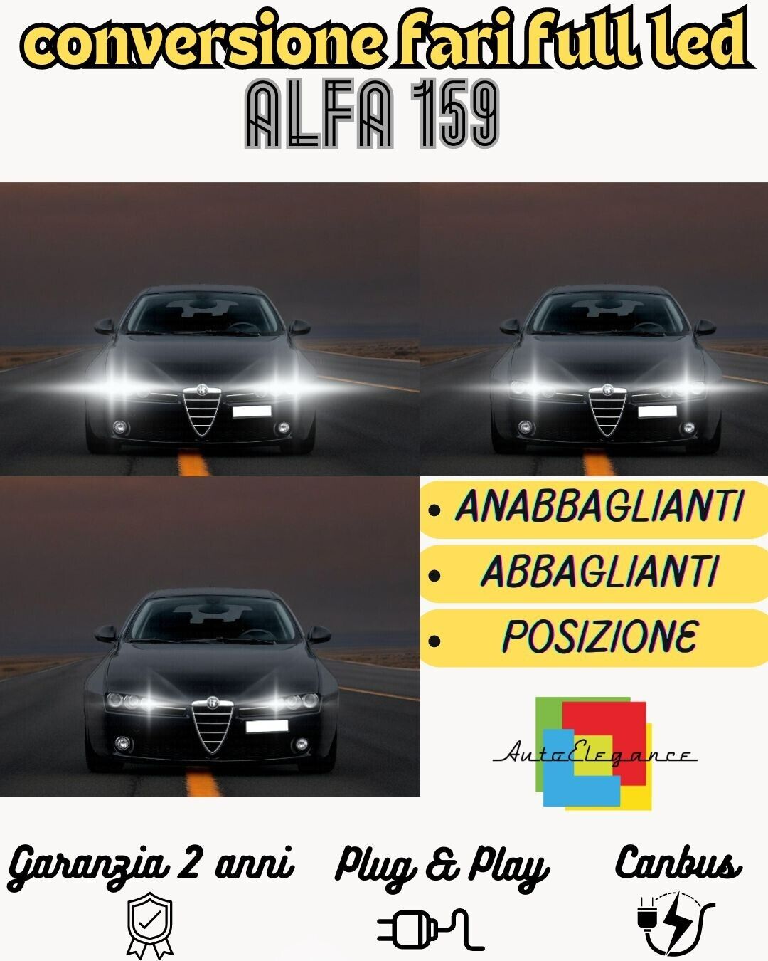 CONVERSIONE FARI FULL LED ALFA 159 BRERA SPIDER MONO LED H7 + LED H7 + T10 6 LED