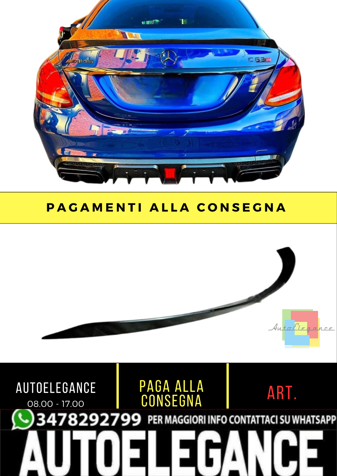 💕 Spoiler Posteriore Nero Lucido Mercedes Classe C W205 Berlina 💕