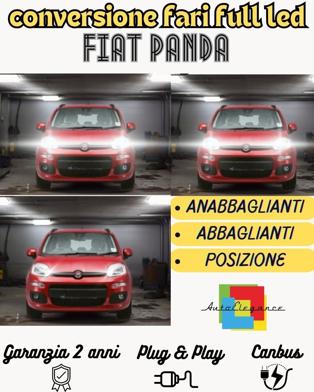 KIT CONVERSIONE FARI FULL LED 12000 LUMEN FIAT PANDA MK3 6000K CANBUS 3&deg;SERIE