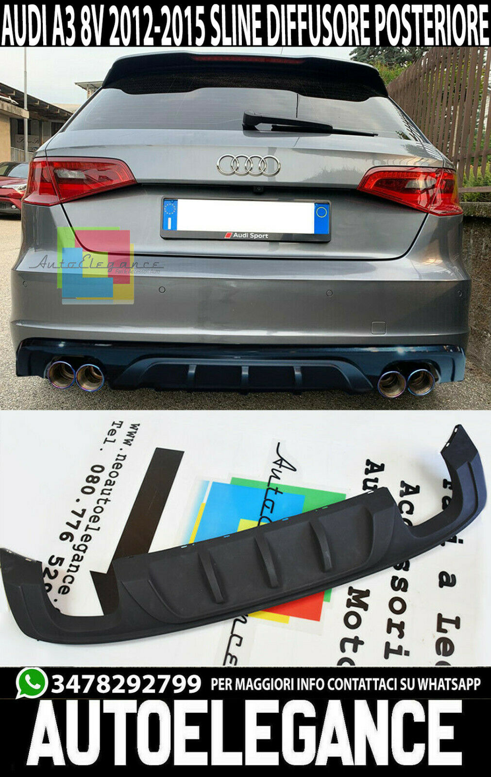 DIFFUSORE POSTERIORE AUDI A3 8V SPORTBACK 2012-2015 PARAURTI SLINE DOPPIO S3 ..-