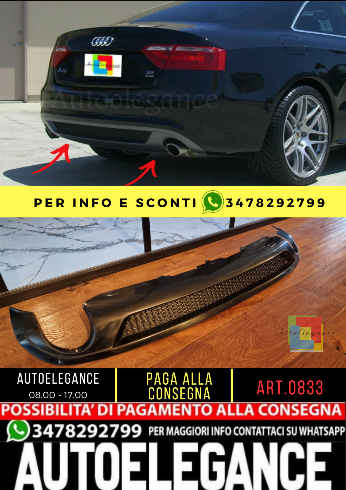 0833 DIFFUSORE ADATTO PER AUDI A5 COUPE 2007-2011 LOOK SLINE 1+1 GREZZO