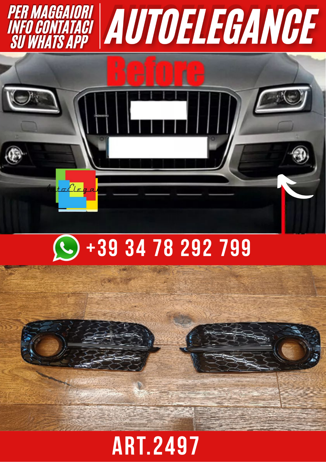 ART.2497 Grilles Feu de Brouillard Audi Q5 8R Standard Look SQ5 Noir Poli