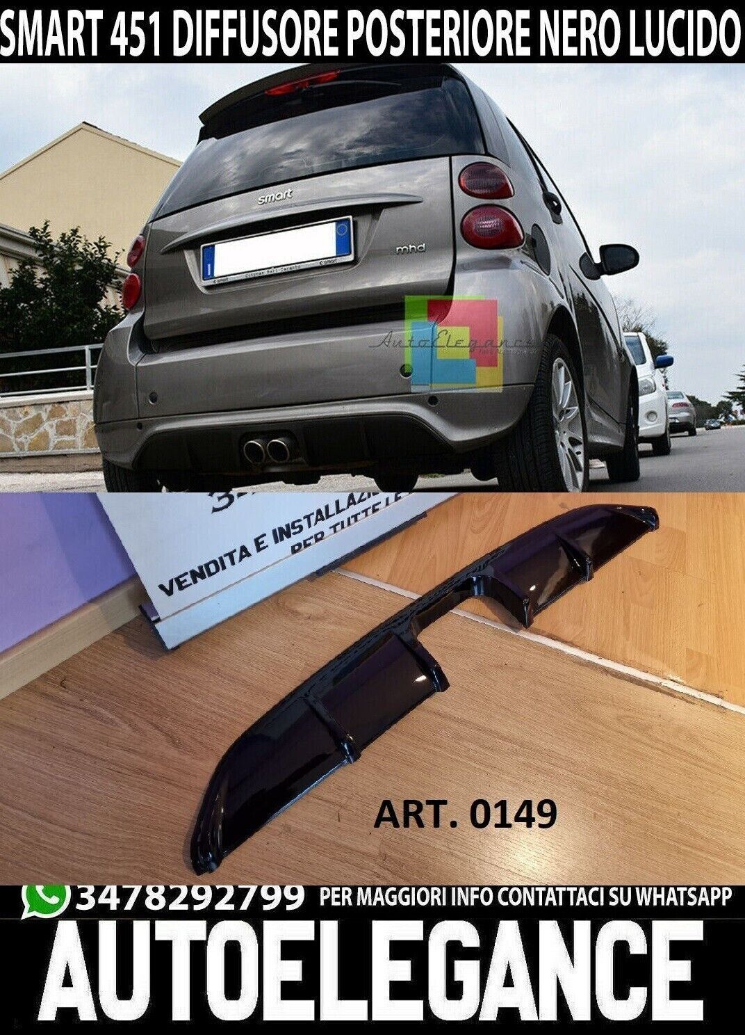 SMART FORTWO 451 2012-2015 SPOILER DE DIFFUSEUR ARRI&Egrave;RE NOIR BRILLANT 0149