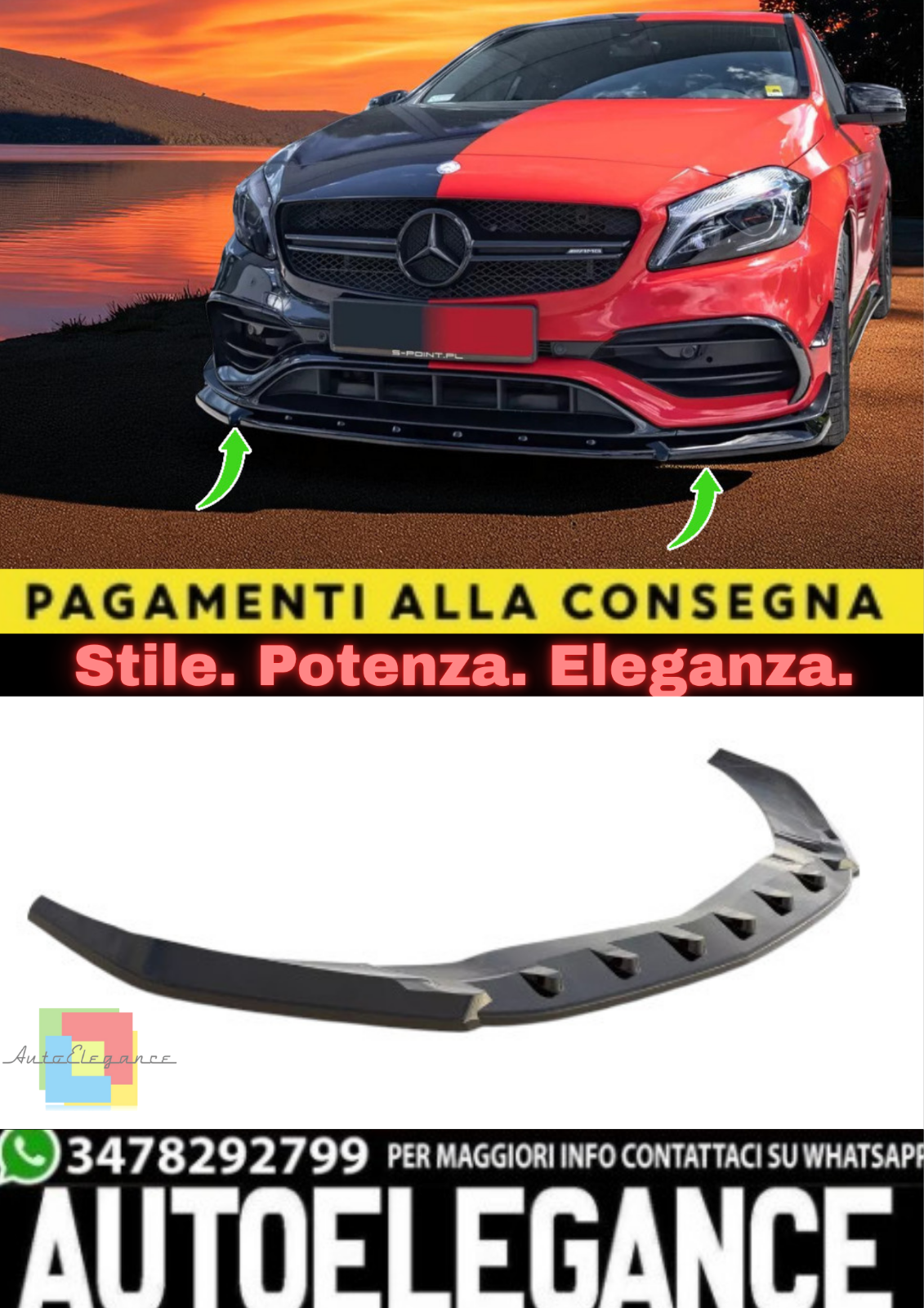 Splitter Anteriore V1 in ABS Nero Lucido per Mercedes A45 AMG W176 Facelift