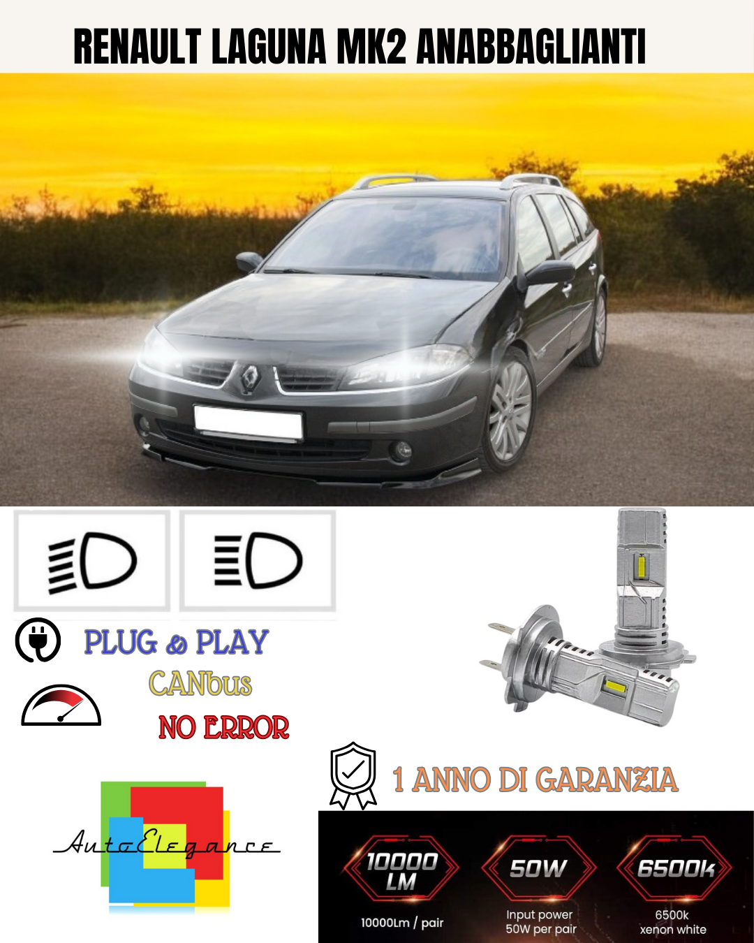 KIT FULL LED RENAULT LAGUNA MK2 H7 6000K BIANCO ANABBAGLIANTI