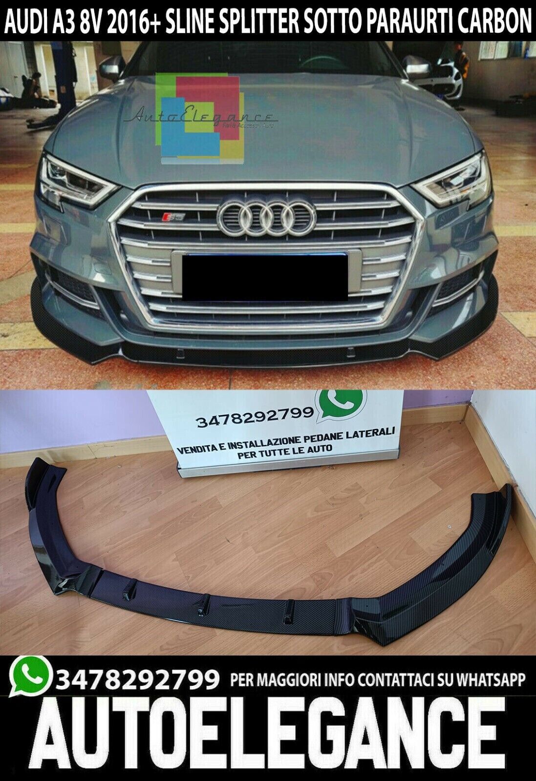 SPLITTER UNTER STO&szlig;STANGE AUDI A3 8V 2017+ SLINE ABS CARBON S3 RS3 DESIGN .-.