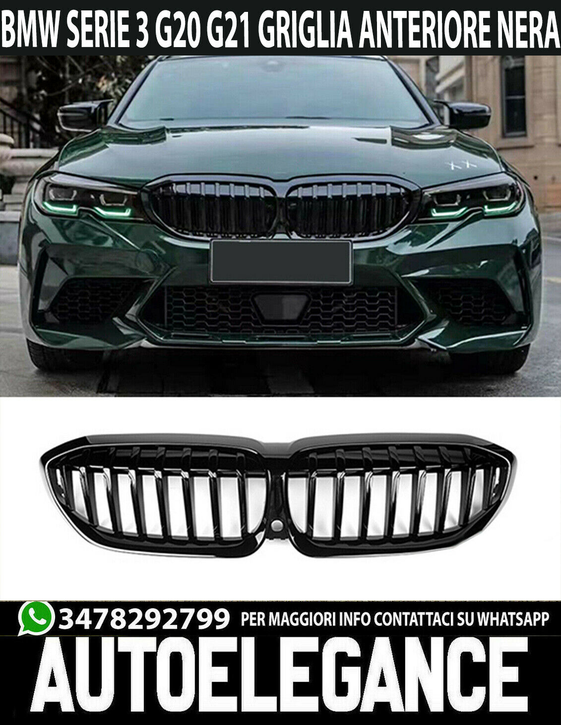CALANDRA BMW SERIE 3 G20 G21 GRIGLIA ANTERIORE FASCIA NERA LOOK M SPORT .-