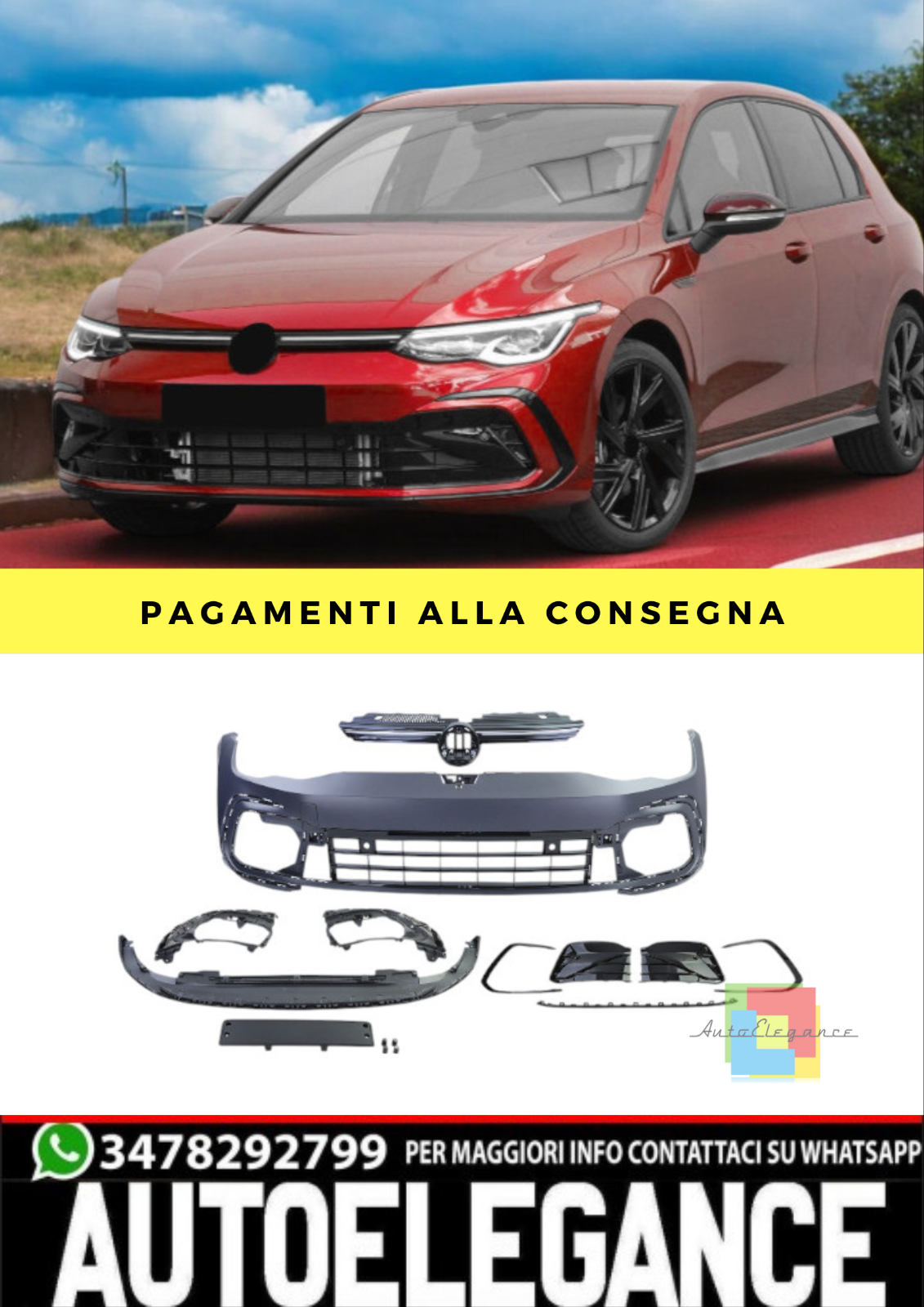 ??Paraurti Anteriore Sport+griglie con Striscia LED per VW Golf8 anche RLine19??