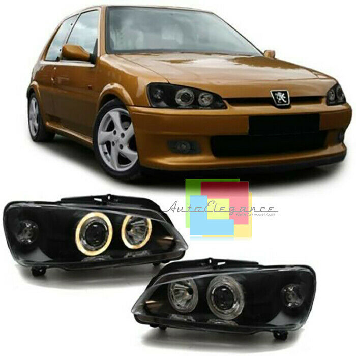 PEUGEOT 106 FARI ANTERIORI NERI LENTICOLARI FANALI ANGEL EYES
