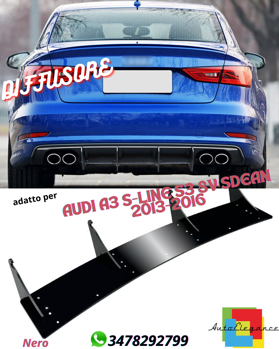 DIFFUSORE adatto per AUDI A3 S-LINE S3 8V SDEAN 2013-2016
