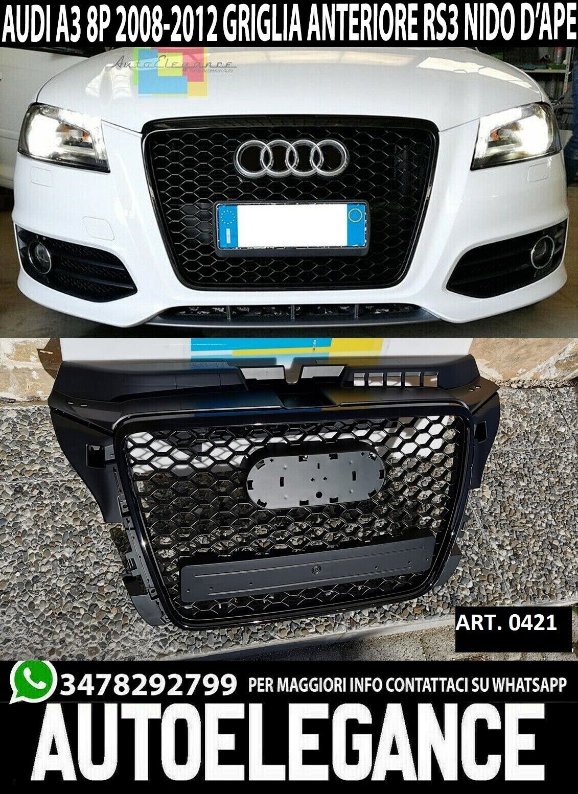 AUDI A3 8P 2008-2012 K&Uuml;HLERGRILL GRILLE LOOK RS3 TOTAL BLACK HONEYCOMB