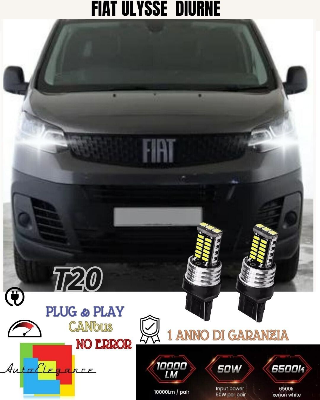 COPPIA LUCI DIURNE DRL 15 LED T20 CANBUS FIAT ULYSSE MK3 6000K NO AVARIA