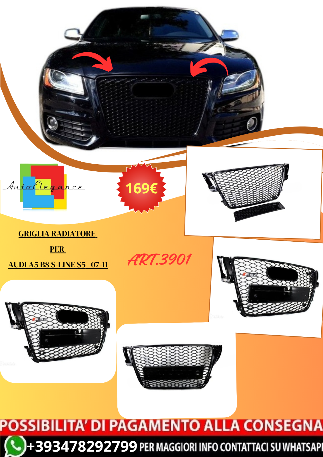 ART.3901 Griglia Radiatore per Audi A5 B8 S-line S5 07-11 (nero lucido)