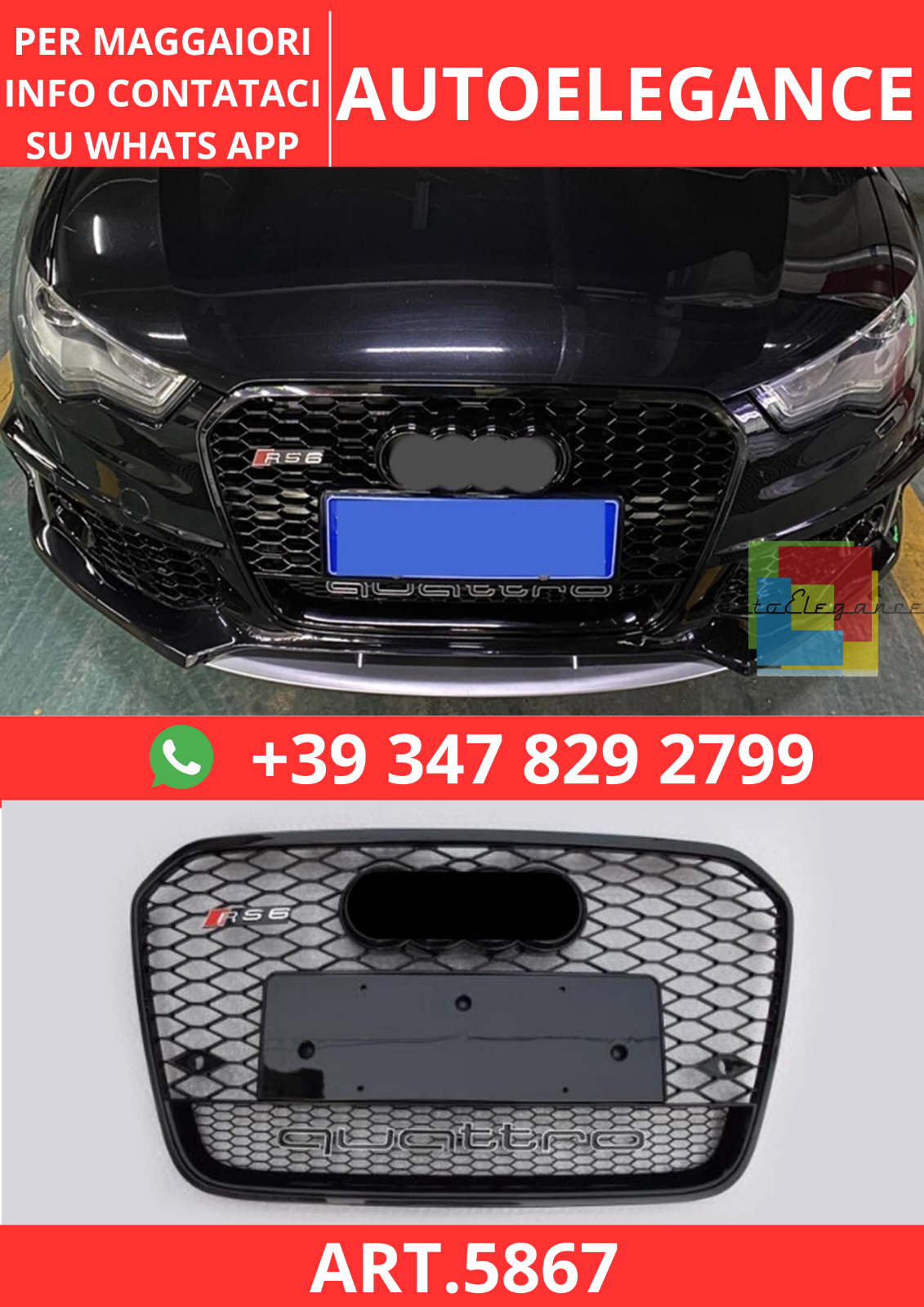ART.5867 GLANZSCHWARZER RS-FRONTGRILL FÜR AUDI A6 C7 / S6 S-LINE 2012–2015