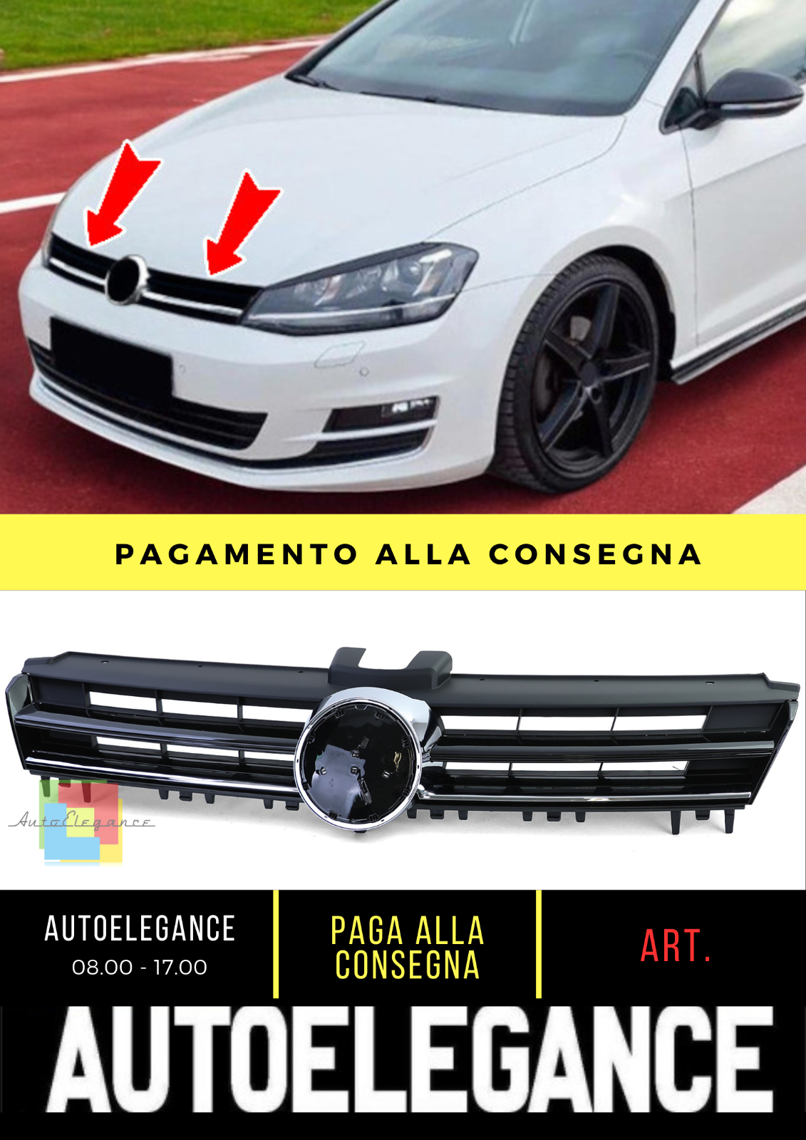 Grille Sport Noir Poli Avec Bande Chrome pour VW Golf 7 M&ecirc;me Gti 12-17