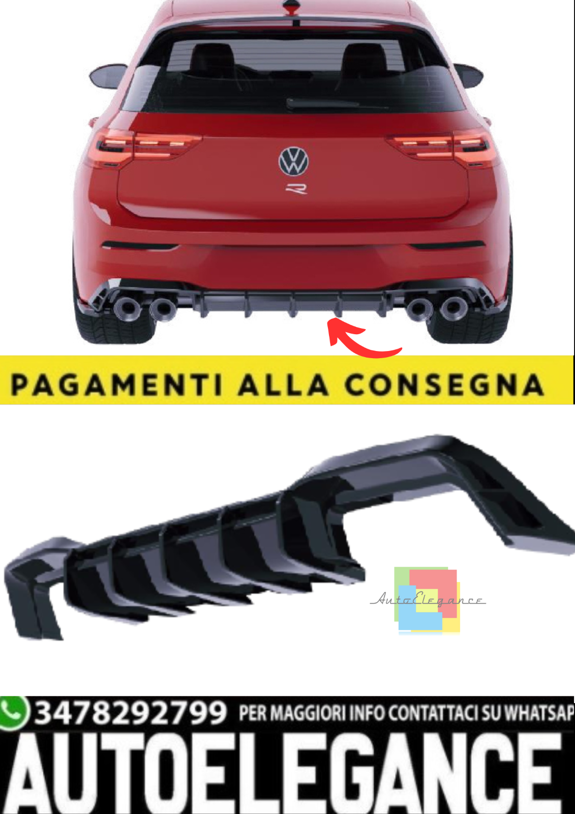 Diffusore Posteriore per Volkswagen Golf Mk8 R (2020–2024) – Nero Lucido