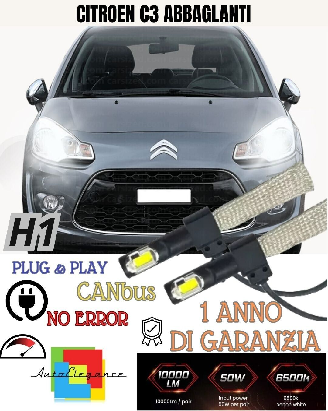 KIT LED H1 CITROEN C3 PICASSO ABBAGLIANTE ACCENSIONE RAPIDA 6400 LUMEN XENON