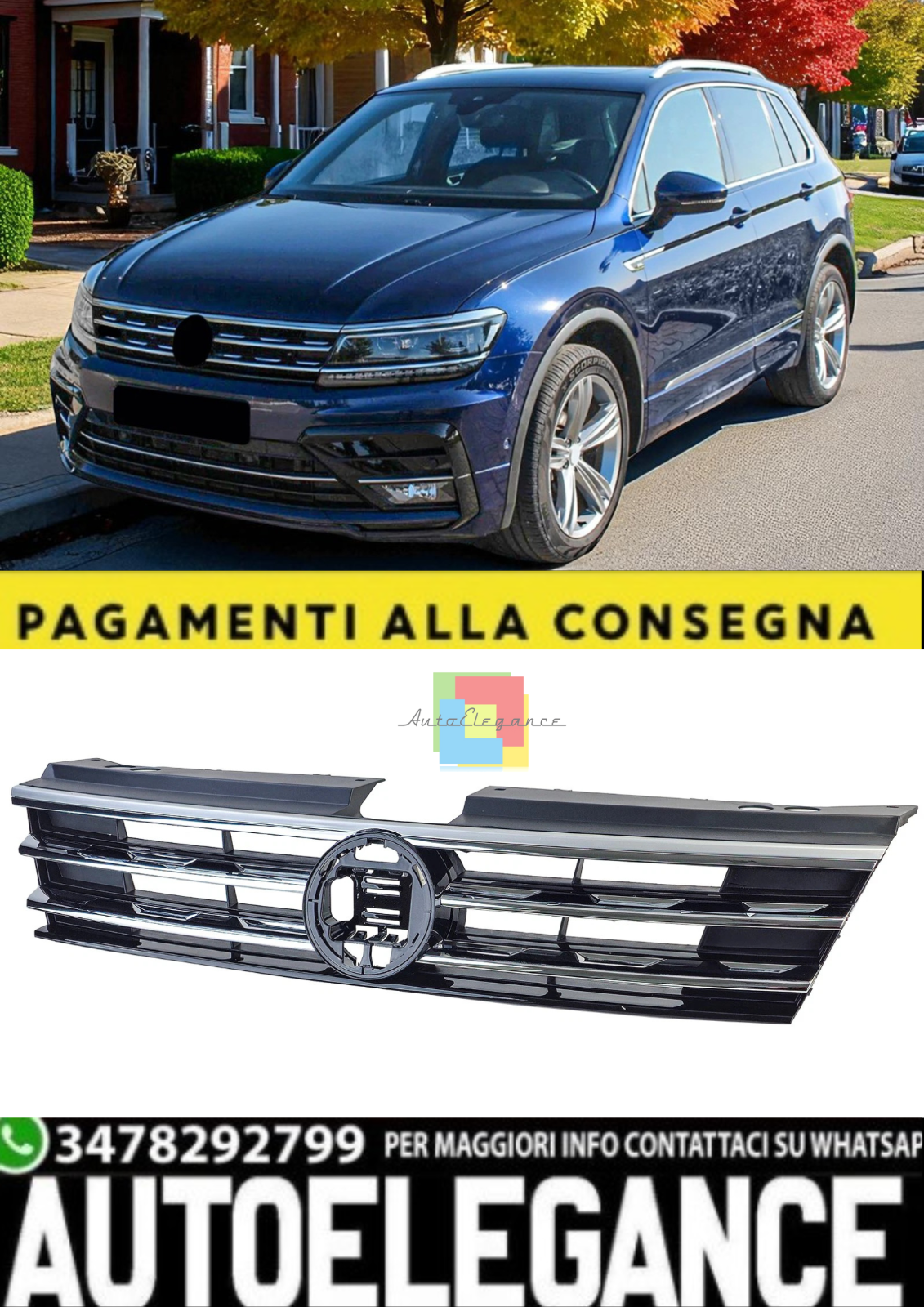 Griglia Anteriore Nera con Strisce Cromate per Volkswagen Tiguan II