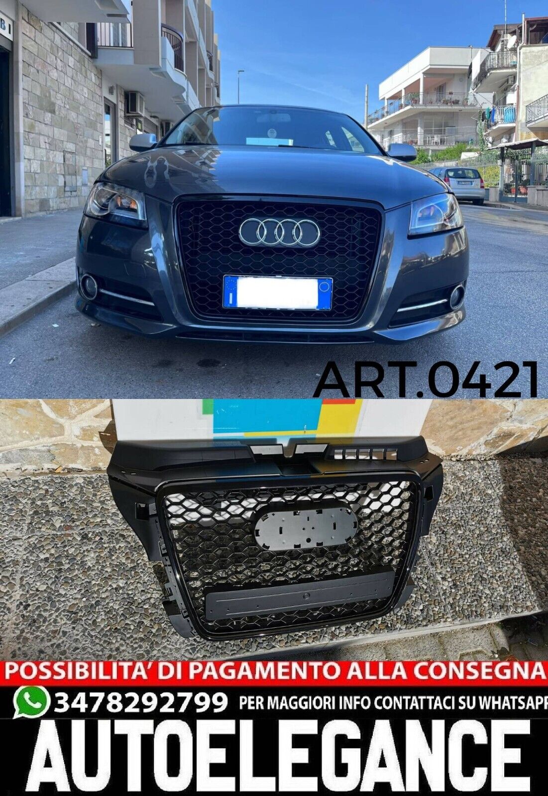 REJILLA ADECUADA PARA AUDI A3 8P 2008-2012 LOOK RS3 NEGRO DISE&Ntilde;O DEPORTIVO