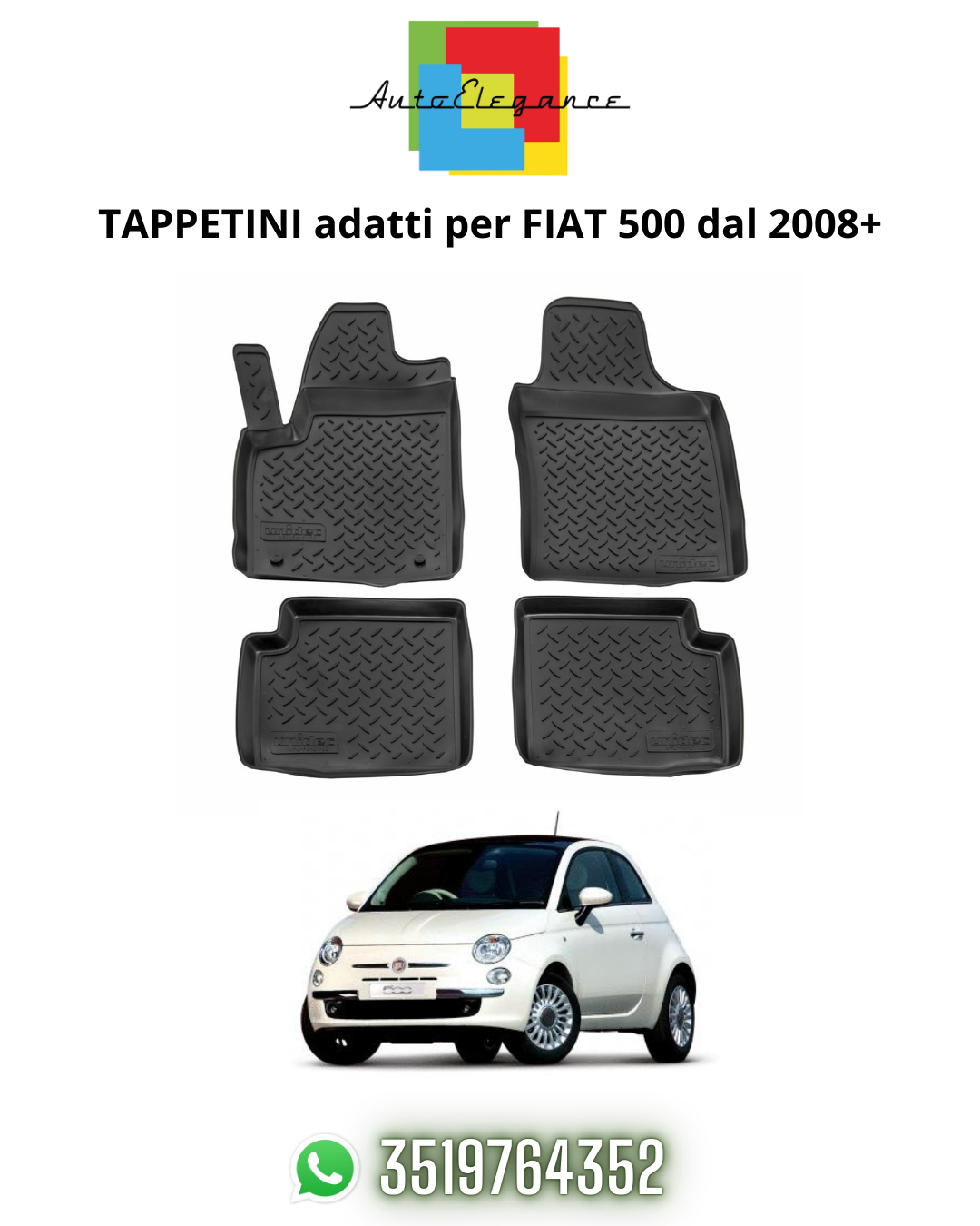 TAPPETI TAPPETINI AUTO IN GOMMA ADATTI PER FIAT 500 dal 2008