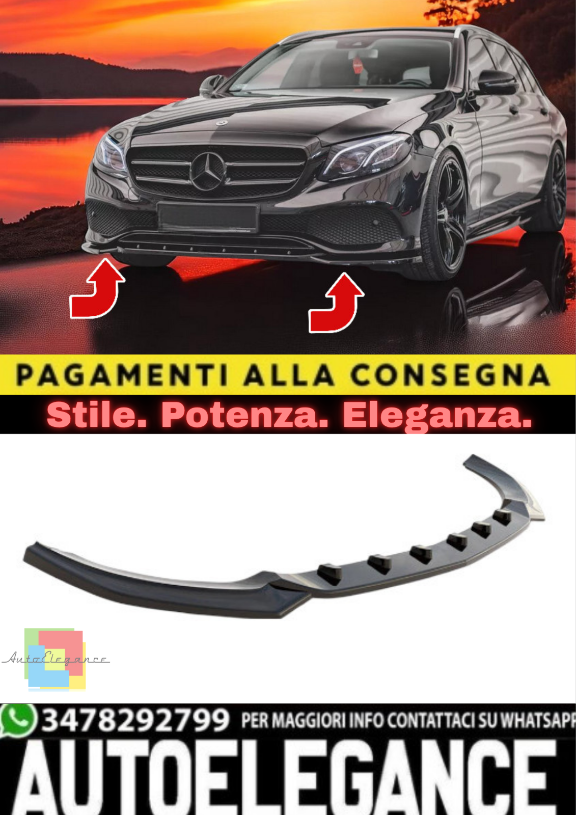 Splitter Anteriore Nero Lucido in ABS per Mercedes Classe E W213