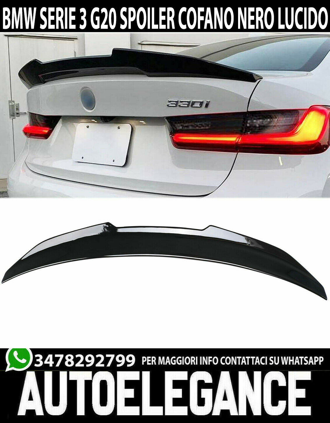 BMW SERIE 3 G20 BERLINA SPOILER POSTERIORE SUL COFANO LOOK M3 NERO LUCIDO