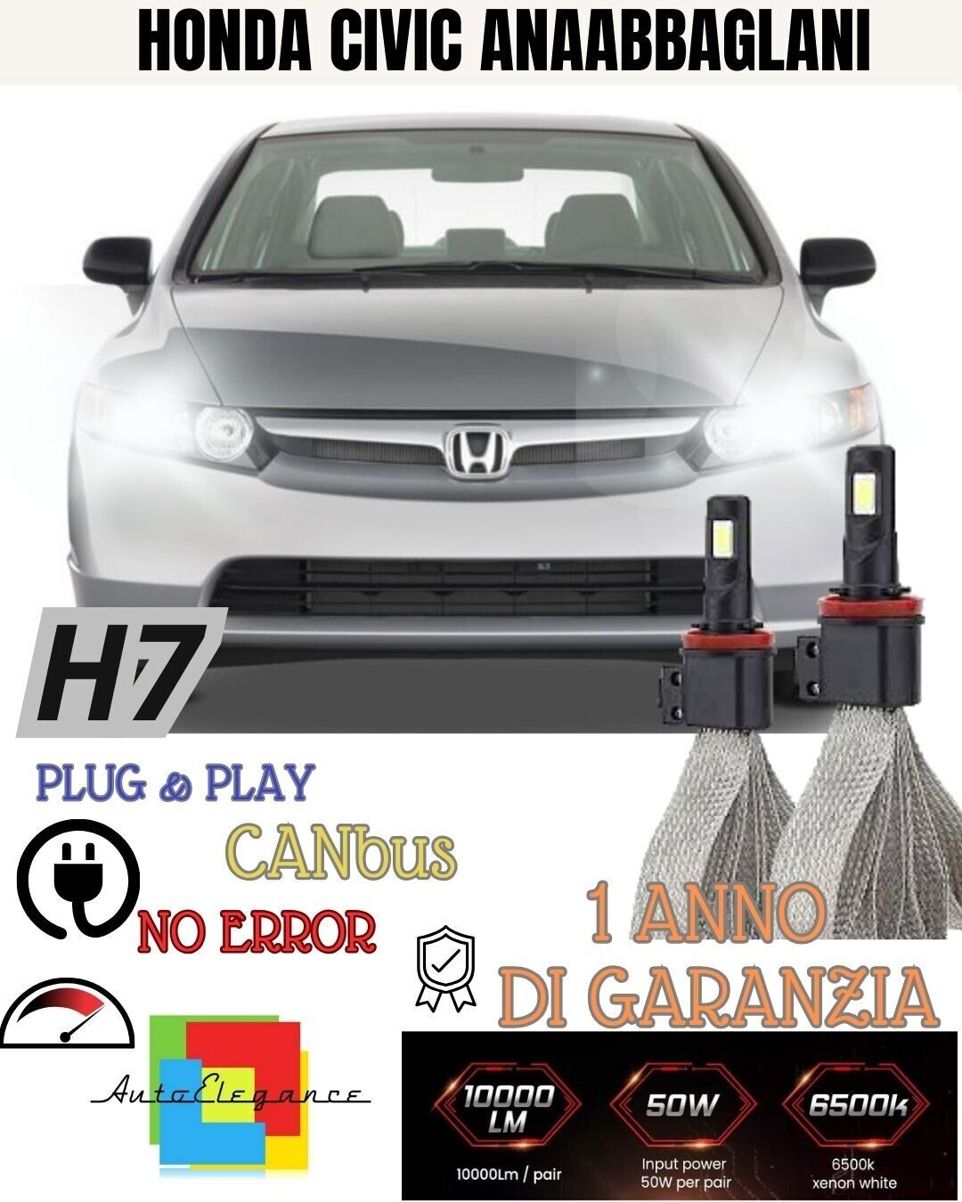 KIT LAMPADE H7 LED ANABBAGLIANTE HONDA CIVIC 8 6000K NO ERROR BIANCO 6400 LUMEN