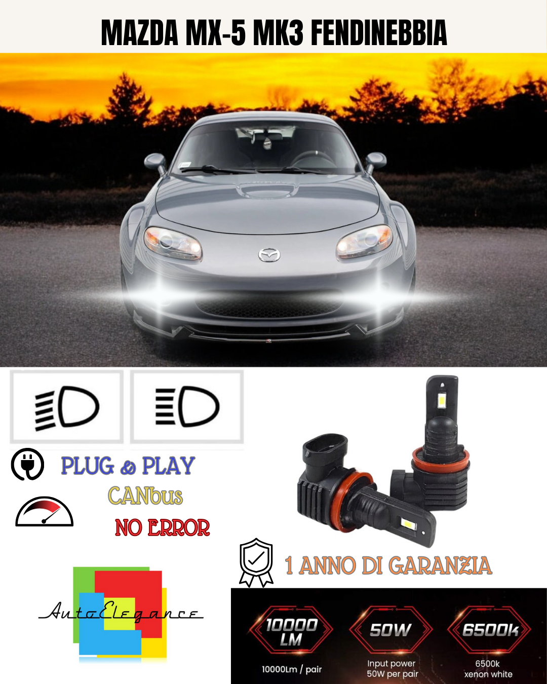 KIT LED H11 MAZDA MX-5 MK3 FENDINEBBIA 6000K BIANCO 6000 LUMEN